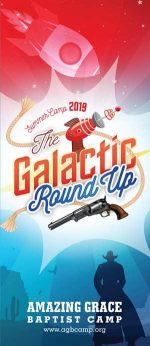 Brochure cover design for Christian camp space cowboy theme