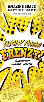 Brochure design cover for Christian camp comic theme
