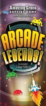 Brochure cover design for Christian camp video game retro theme