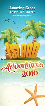 Brochure cover design for Christian camp island theme