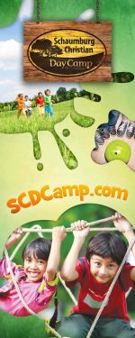 vertical roll-up banner for summer camp - climbing theme